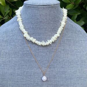 Two (2) Urban Outfitters OU Layering Cream Shell & Pearl Gold Necklaces NWT